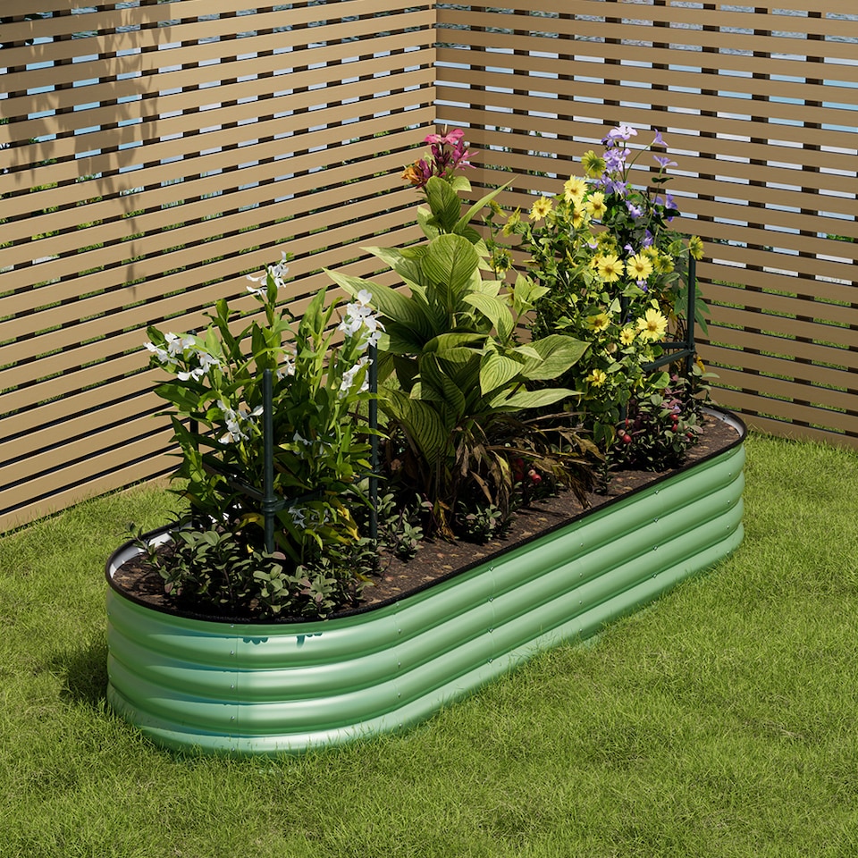 image 1 of Living and Home 2.4m Gardens Bed Oval-Shaped Galvanized Steel Garden Planter With Plant Support Trellis, Light Green | Green | Light Green | 240cm W x 80cm D x 42cm H