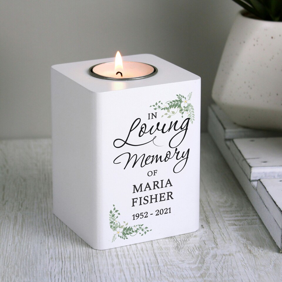 image 1 of Personalised In Loving Memory White Wooden Tea light Holder White