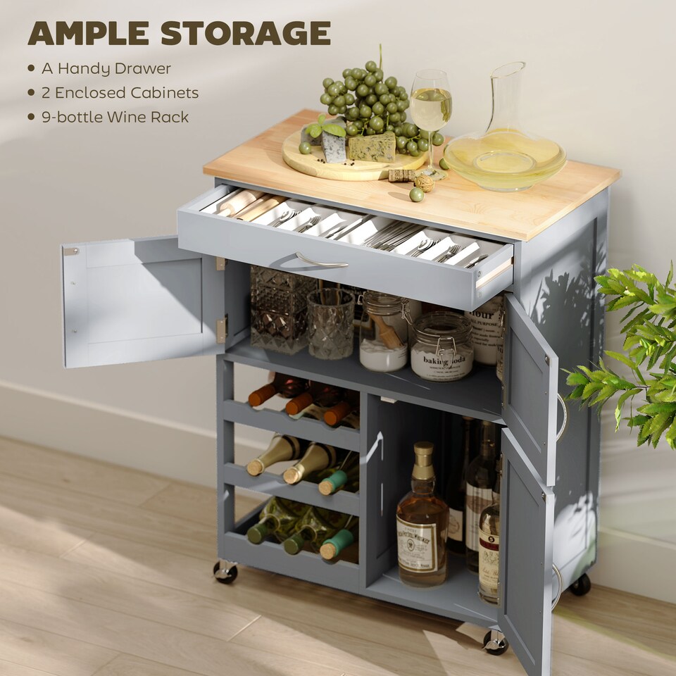 image 1 of HOMCOM Rolling Kitchen Island Trolley Storage Cart w/ Rubberwood Top, Grey