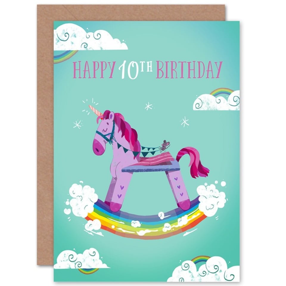 image 1 of Rainbow Rocking Unicorn Cartoon Age 10 Year Old Kids 10th Birthday Card