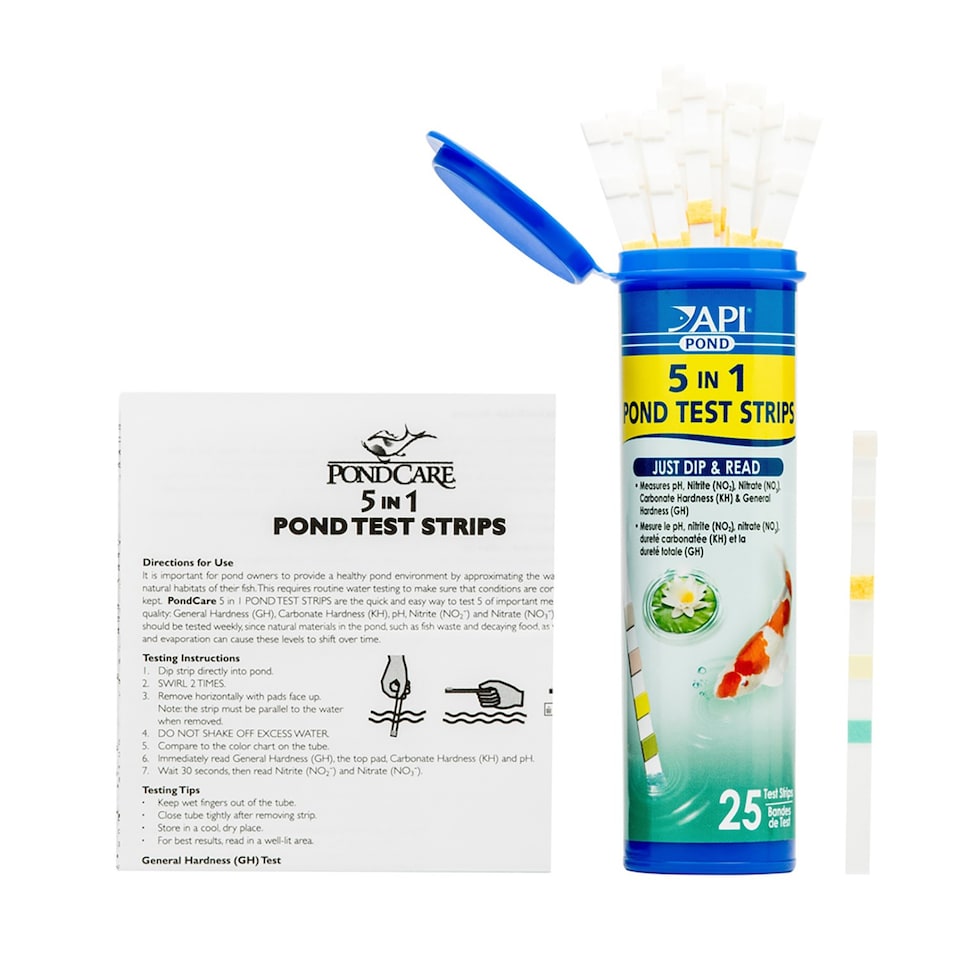 image 1 of API Pond 5 in 1 Test Strips (25 Pack) Tests pH, Nitrite, Nitrate, KH & GH Pond Water Quality Test Kit