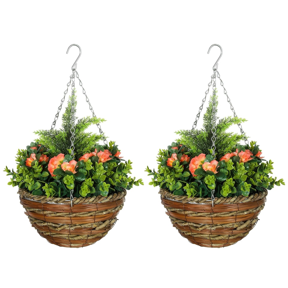 image 1 of Outsunny 2 PCs Artificial Lisianthus Flower Hanging Planter Basket Orange