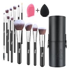 Living and Home 12 Pcs Makeup Brush Set with Sponge & Brush Cleaner | Black