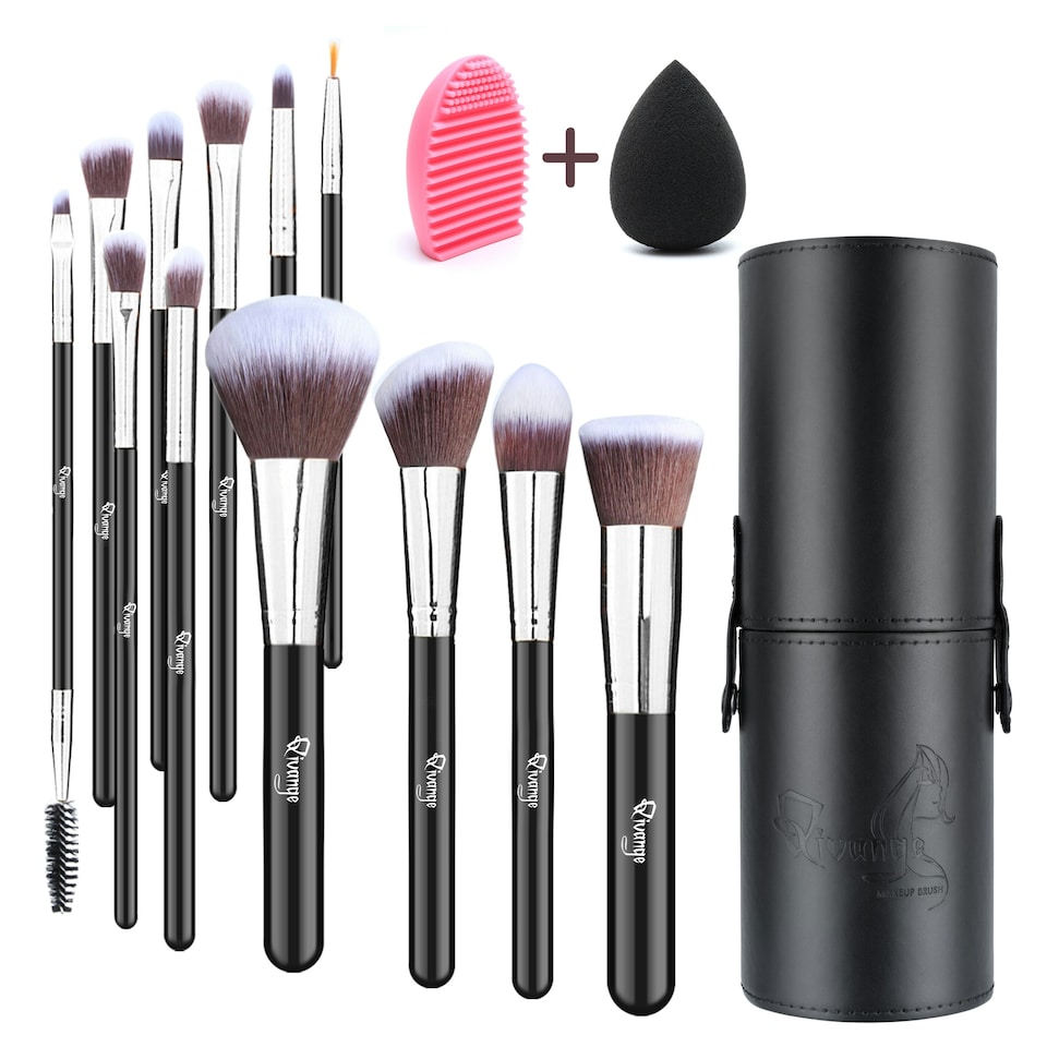 image 1 of Living and Home 12 Pcs Makeup Brush Set with Sponge & Brush Cleaner | Black