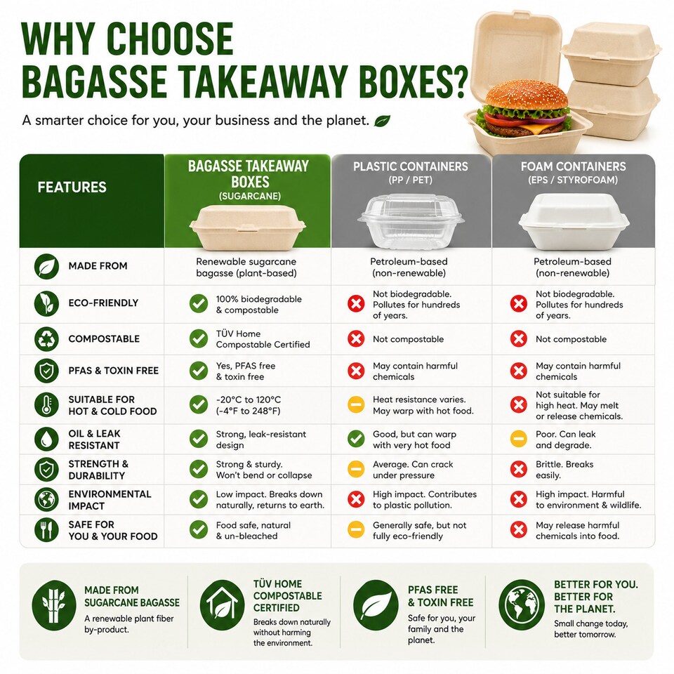 image 1 of Bagasse Sugarcane Burger Takeaway Boxes 6x6 Clamshell Containers, PFAS Free, TUV Home Compostable Certified Food Boxes for Hot & Cold Meals, Restaurants, Parties & Catering