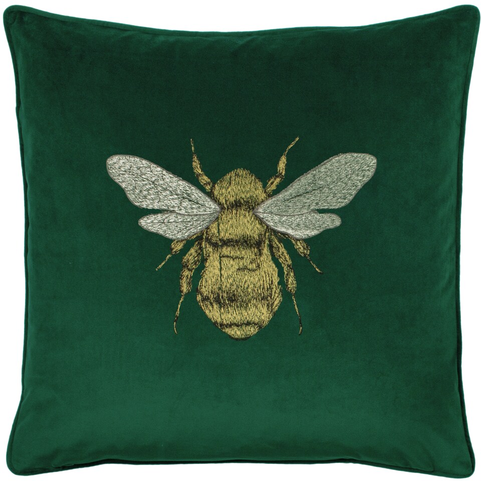 image 1 of Paoletti Hortus Embroidered Bee Cushion, Emerald, 50 x 50cm