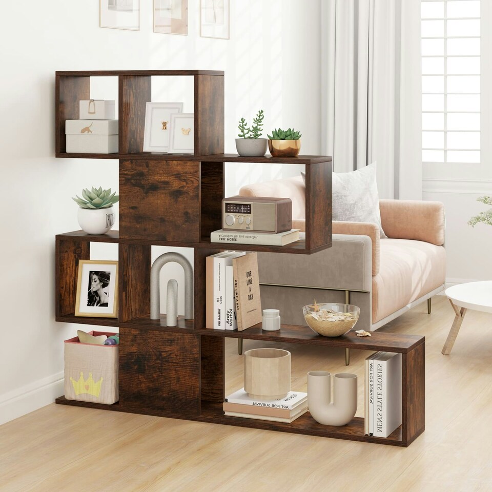 image 1 of COSTWAY 4-Tier Bookshelf Modern Ladder Bookcase Brown Brown