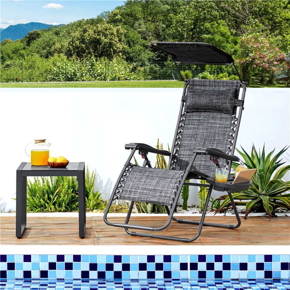image 1 of Yaheetech Foldable Reclining Lounge Chair with Cupholder/Pillow-Grey | Grey | Grey | One Size