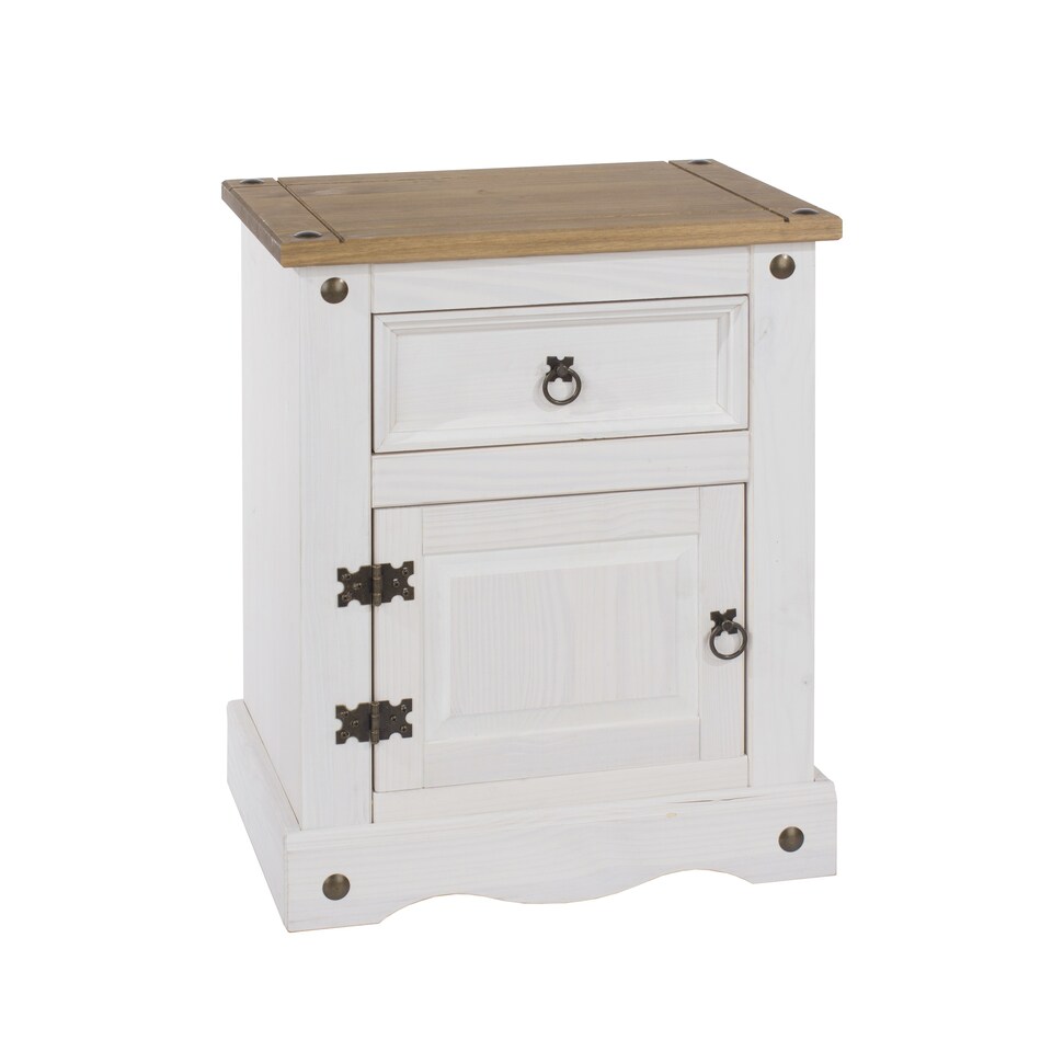 image 1 of Corona Premium Bedside Cabinet - Mexican Pine Design with Dovetail Drawer and Metal Hardware | White | White Wax | One Size | 1