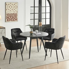 SONARA Black Marble Round Dining Table and 4 Faux Suede Chairs Set Modern 4 Seater for Dining Room