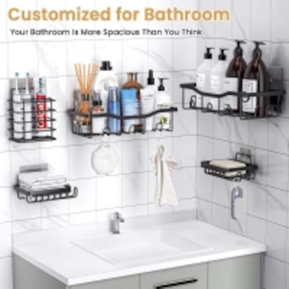 image 1 of 5 Pack Shower Caddy with Wall Stickers Rustproof No Drilling Stainless Steel Shower Caddy  Bathroom Storage Organizer