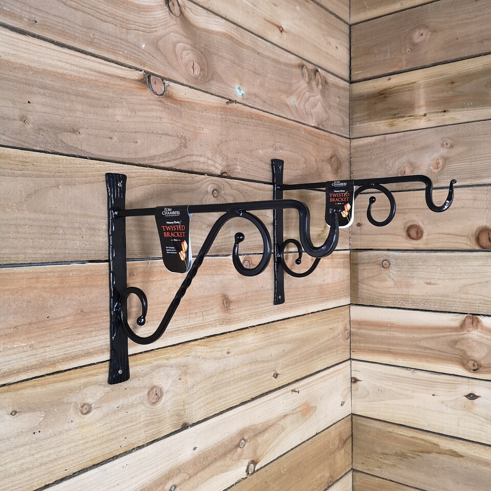 image 1 of Pack of 2 Tom Chambers Heavy Duty Handcrafted Metal 35cm Black Twisted Wall Bracket Hook For Garden Patio Hanging Basket Planter Bird Feeder | Black | Black