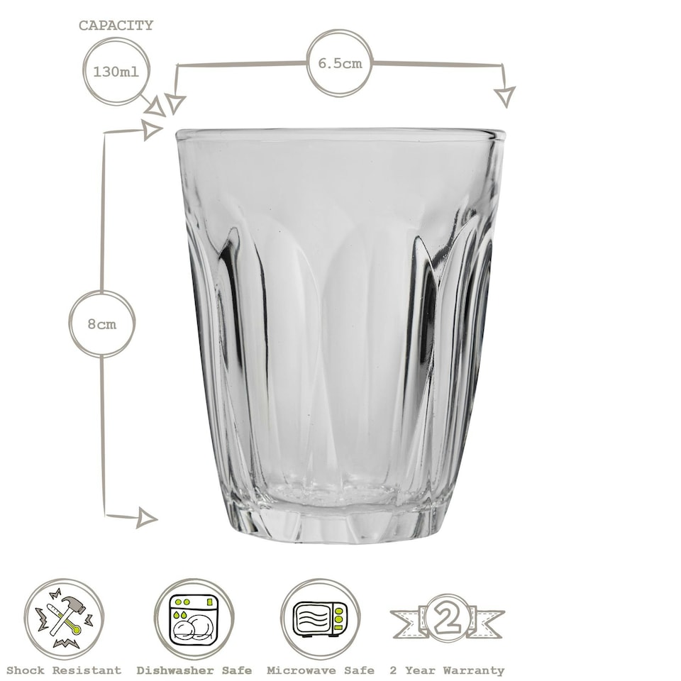 image 1 of Duralex Provence Drinking Glasses - 130ml Tumblers for Water, Juice - Pack of 6 Clear