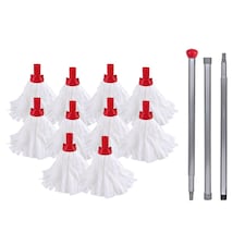 Large Floor Mops Mop Head Refills (10 Super Absorbent Mops With 140cm Handle) For Hard Floor Mopping Cleaning Home office and Commercial Use Red | Red