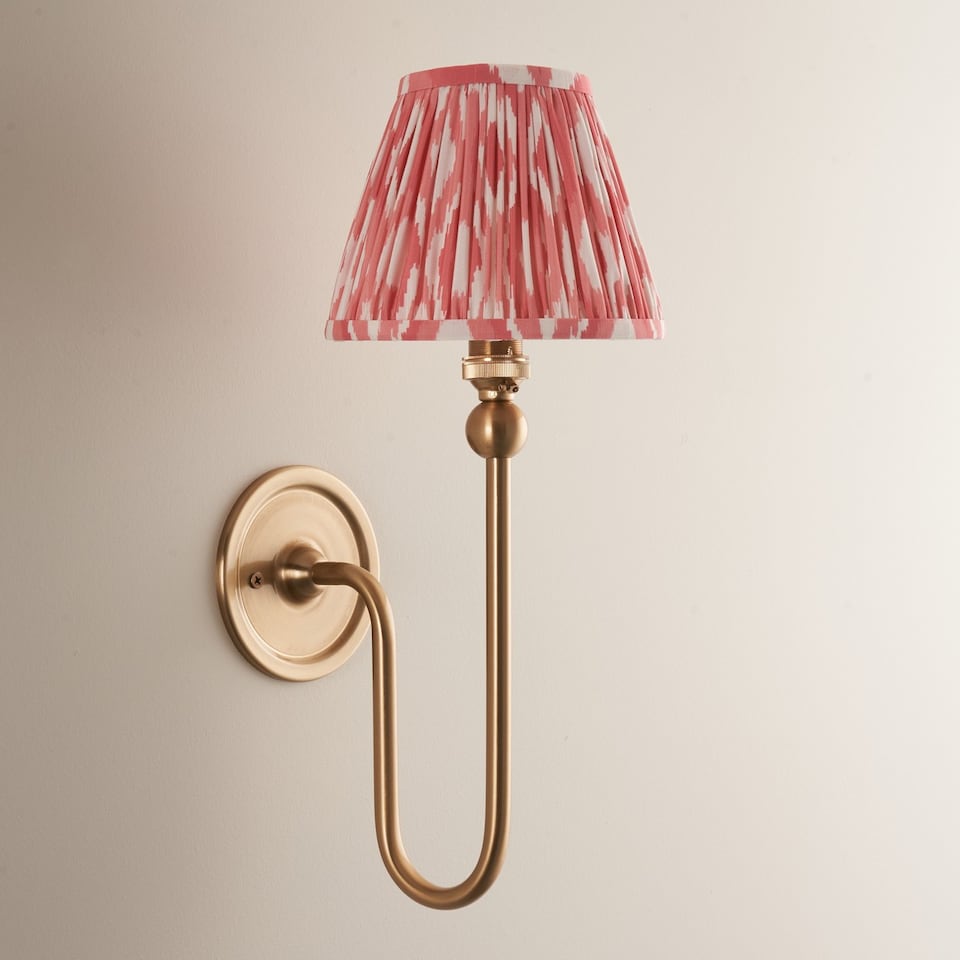 image 1 of Santiago Brushed Aged Brass Plate Wall Light with Coral Pink Fabric Ikat Shade 16cm B22