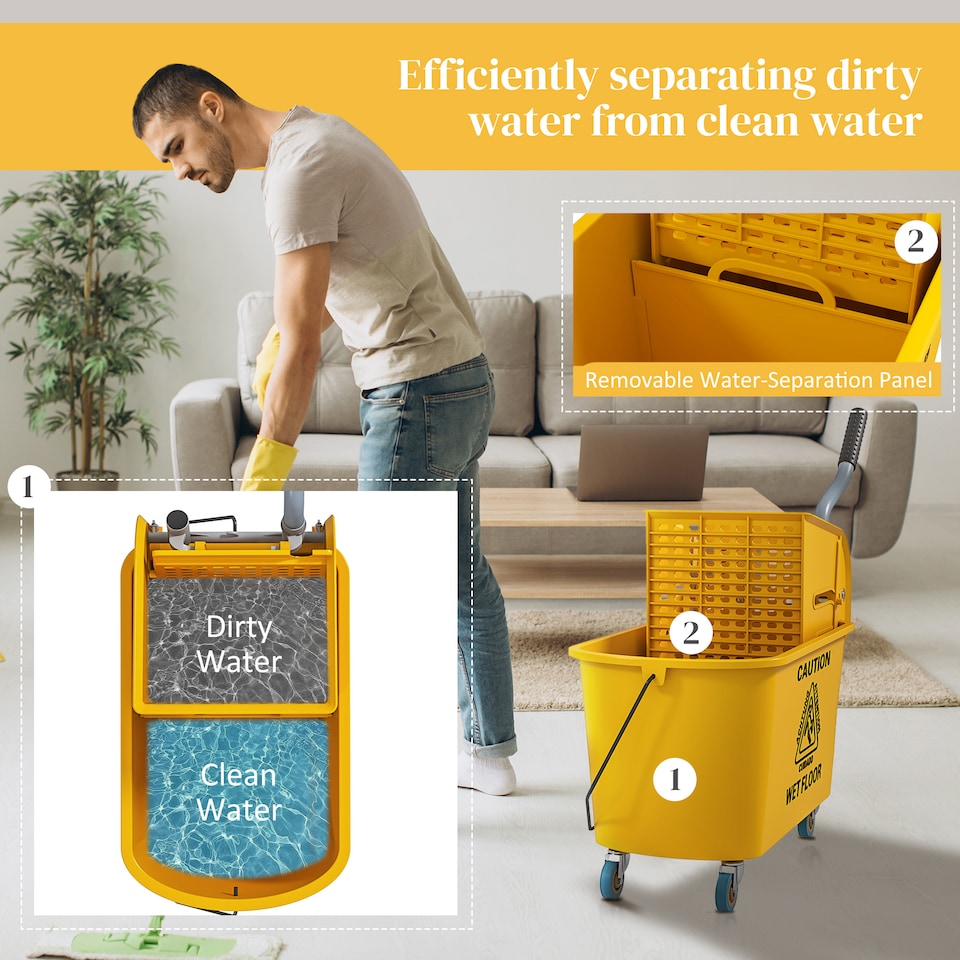 image 1 of HOMCOM Mop Bucket with Wringer Set on Wheels for Floor Cleaning, 20 Litre Side Press Wringer with Handle and Mop, Yellow