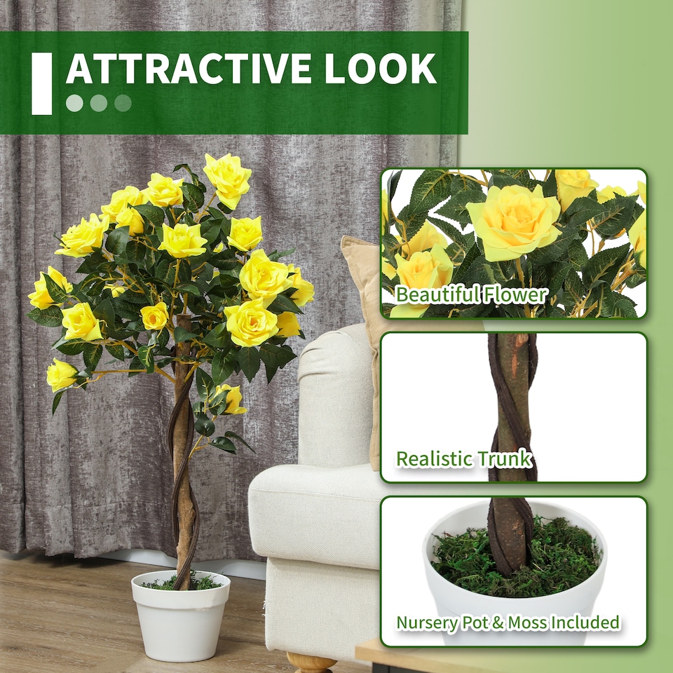 image 1 of Outsunny Set of 2 90cm3FT Artificial Rose Tree, Fake Decorative Plant with Pot, UV-Resistant FauTree for Outdoor Indoor Home Office Decor, Yellow