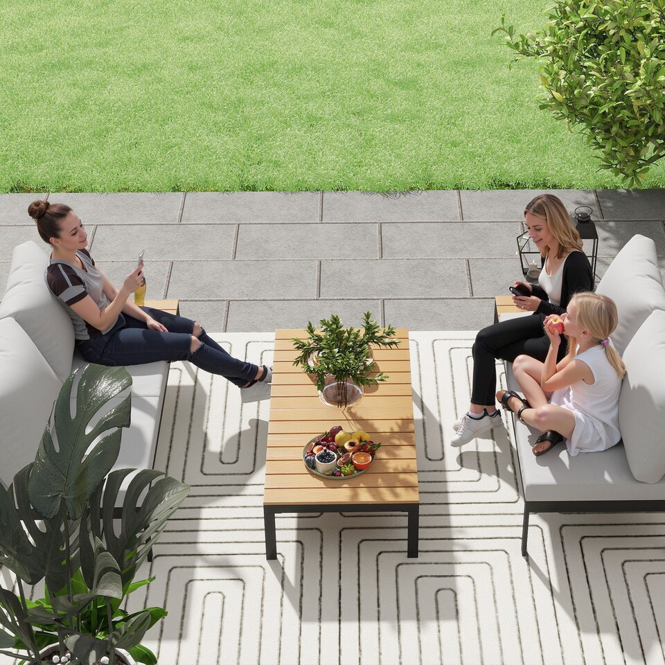 image 1 of Outsunny 4 Seater Garden Corner Sofa Set with Removable Thick Cushions Teak