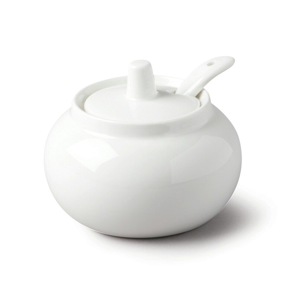 image 1 of Wm Bartleet & Sons Porcelain Bellied Sugar/Jam/Mustard Pot with Spoon, White