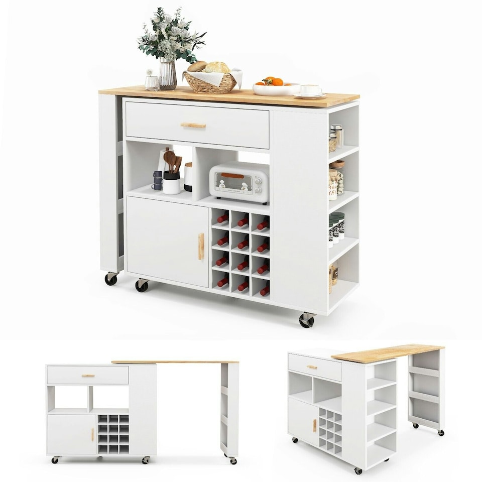 image 1 of COSTWAY 2-in-1 Kitchen Island Bar Table Storage Trolley White