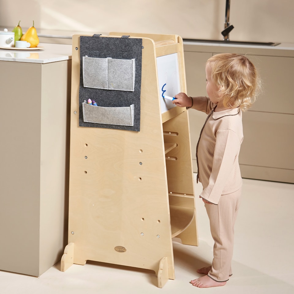 image 1 of Allis Baby Toddler Learning Tower with Adjustable Height and Blackboard | Brown | Natural Wood | One Size | 1