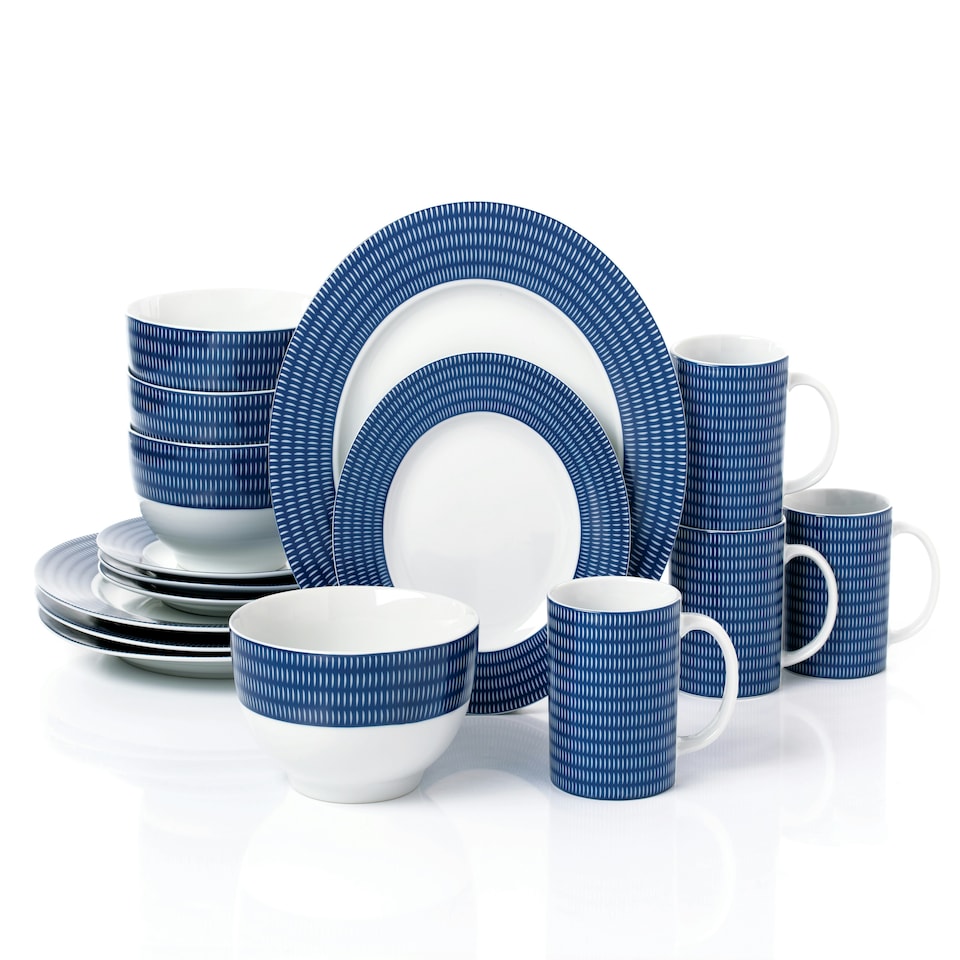 image 1 of 16pc Blue Linear Dinner Set
