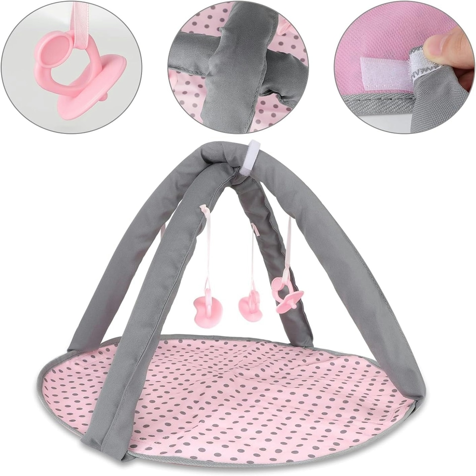 image 1 of 5-in-1 Baby Doll Accessories Play Set – Pink Stroller, Cot, Play Mat, Bouncer & Travel Bags Fits 12"–14" Dolls (Doll Not Included)