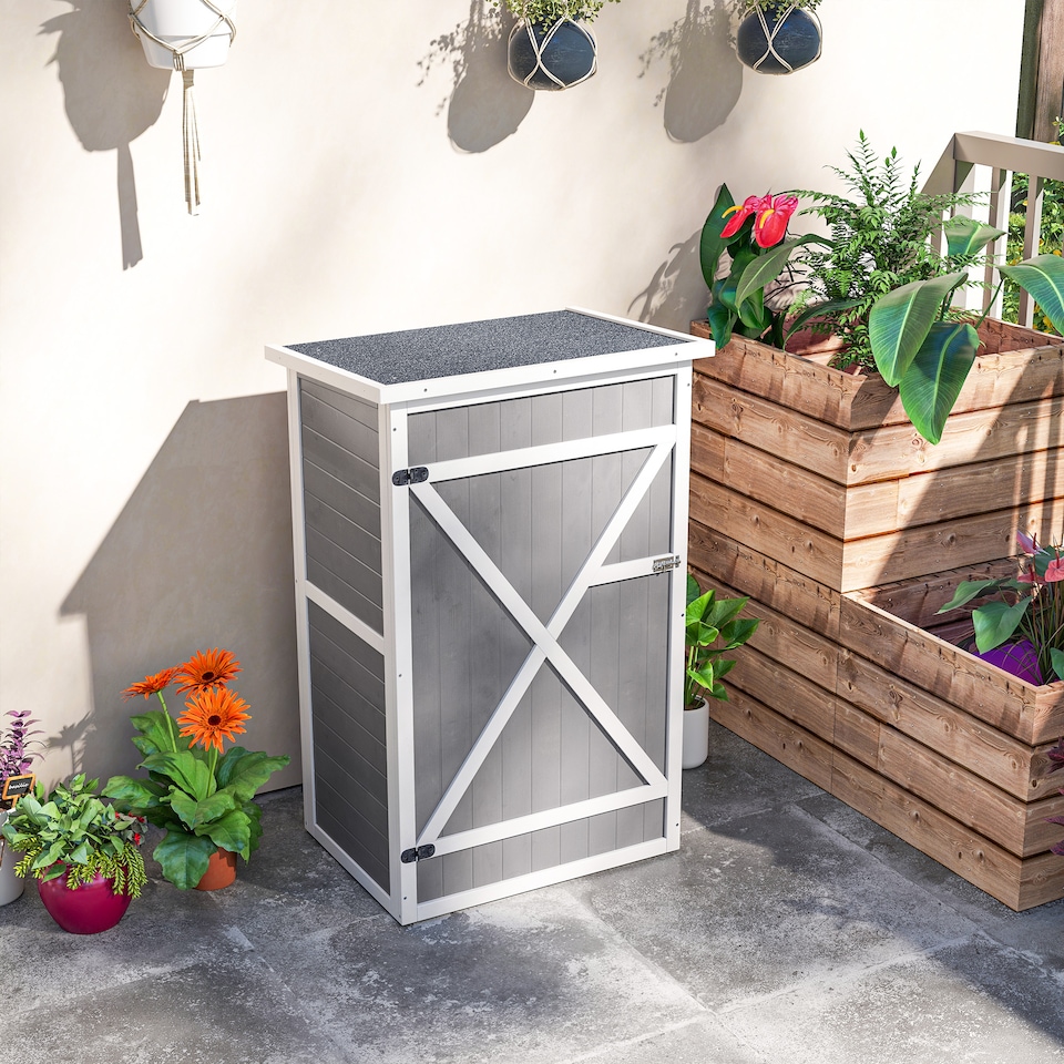 image 1 of Outsunny Wooden Garden Shed, Outdoor Storage Small Shed with 2 Shelves, Sloped Roof and Bolt Latch, Compact Utility Tool Cabinet Organiser for Yard Patio Garage, 75 x 56 x 115 cm, Grey