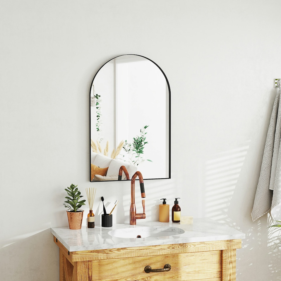image 1 of HOMCOM Arch Bathroom Mirror, Wall Mirror with Steel Frame, 60 x 90cm, Black