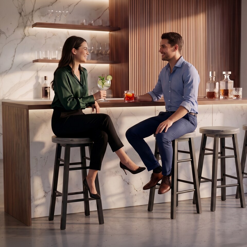 image 1 of Chef Vida Wooden Revolving Bar Stool, Black - Set of 2