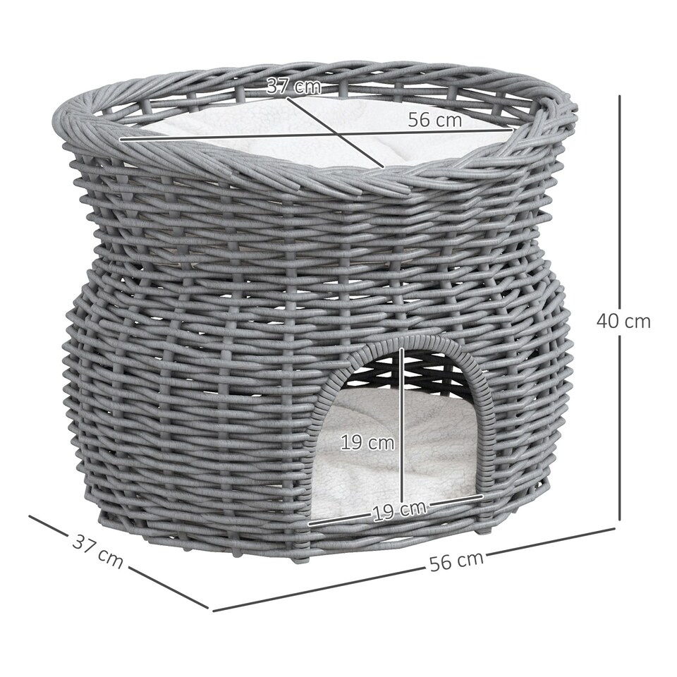 image 1 of PawHut 2-Tier Elevated Pet Cushion Bed Basket Willow Cat Tree House Condo Kennel
