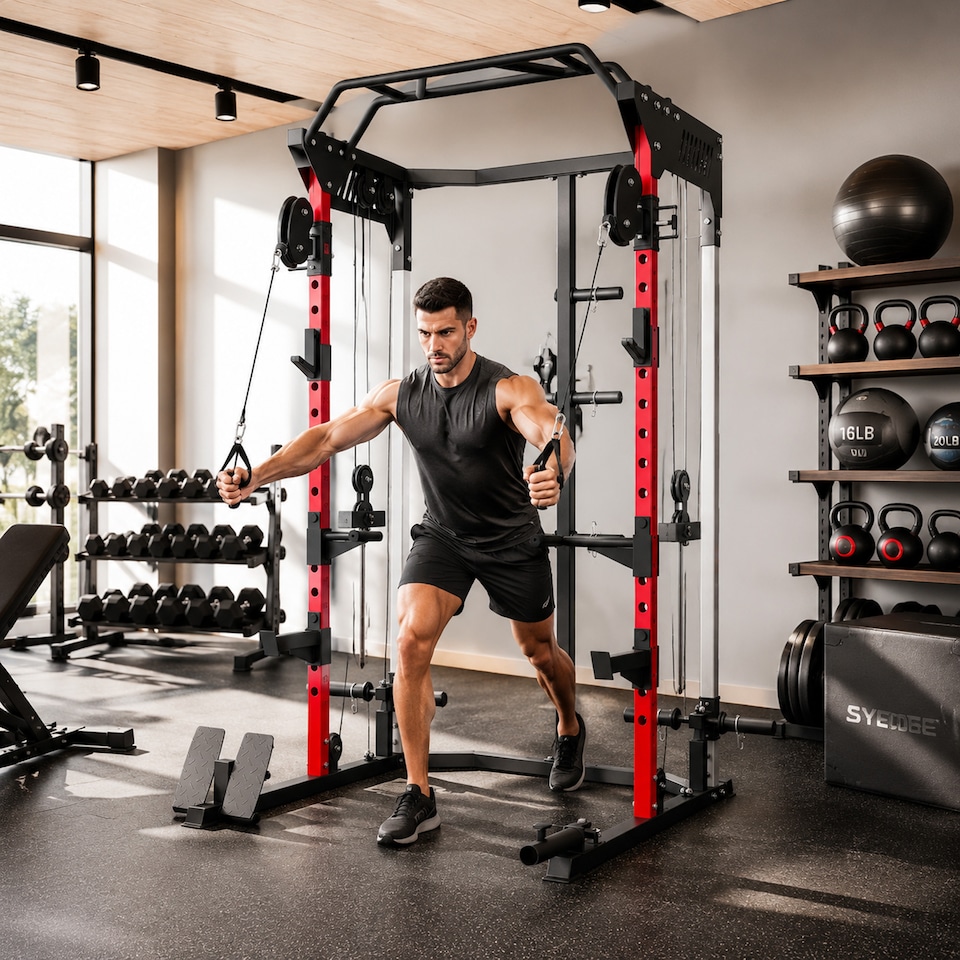 image 1 of SPORTNOW Power Cage Power Rack with Adjustable Cable Pulley System Landmine