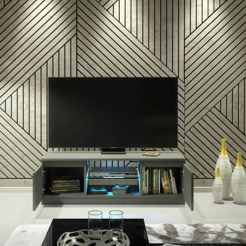 image 1 of TV Unit 120cm Grey Gloss Doors Grey Matt Body Glass Shelf Free LED | Grey | One Size | 1
