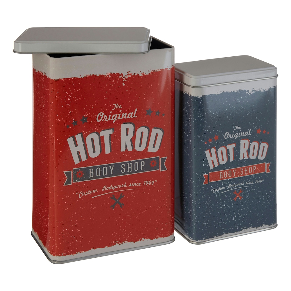 image 1 of Interiors by Premier Set Of 2 Hot Rod Storage Canisters, Retro Metal Tins With Bold Car Print Lids, Durable Storage Solution