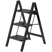 Gr8 Home 3 Step Ladder Black Folding Stool Non Slip Heavy Duty Carbon Steel Lightweight