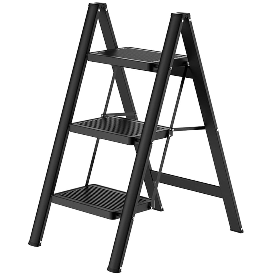 image 1 of Gr8 Home 3 Step Ladder Black Folding Stool Non Slip Heavy Duty Carbon Steel Lightweight