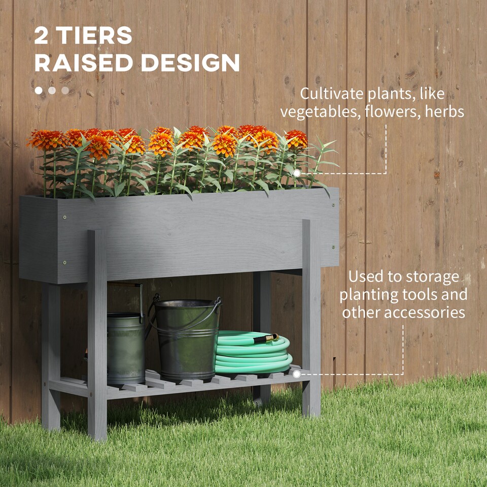 image 1 of Outsunny Wooden Raised Bed w/ Bed Liner, Drainage Holes, Storage Shelf, Grey