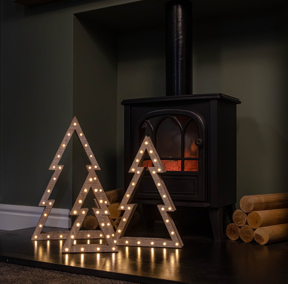 image 1 of Set of 3 Battery Operated Light up Wooden Christmas Trees with Warm White LEDs