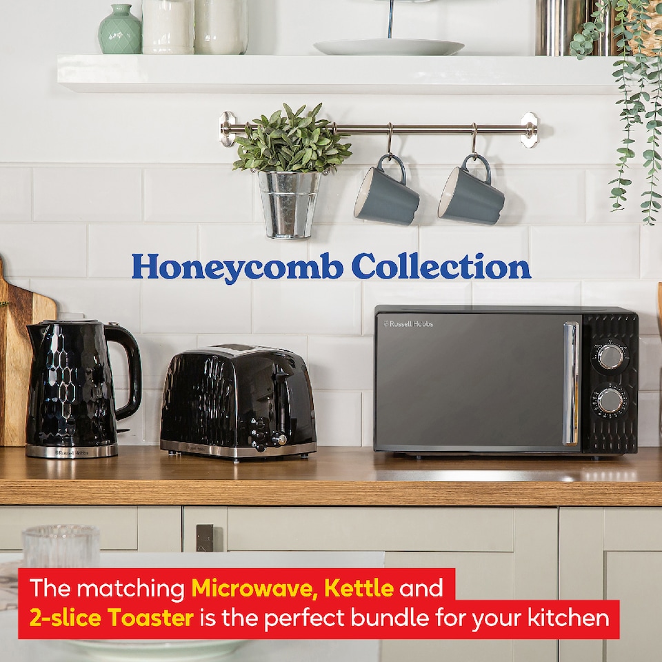 image 1 of Russell Hobbs Honeycomb Bundle Set with Kettle, 2 Slice Toaster, and Microwave Black HCBNDL2B