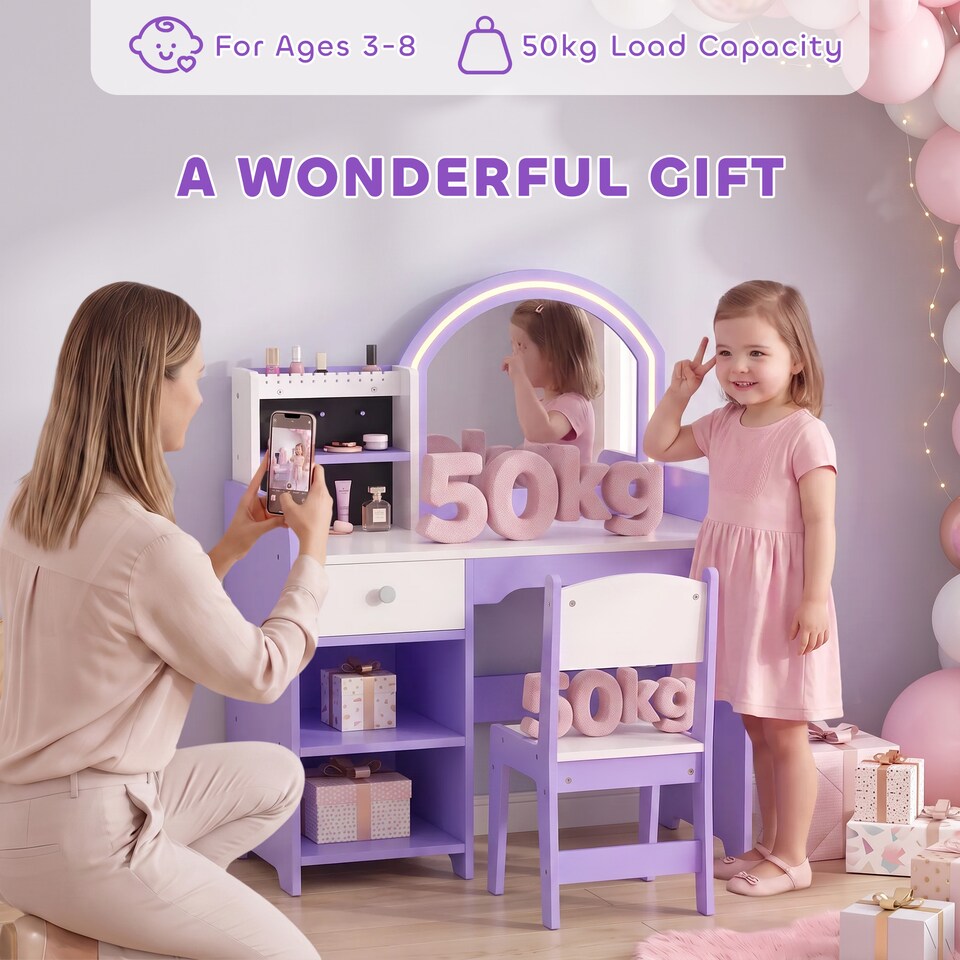 image 1 of AIYAPLAY Kids Vanity Set, Girls Dressing Table with Stool, Purple
