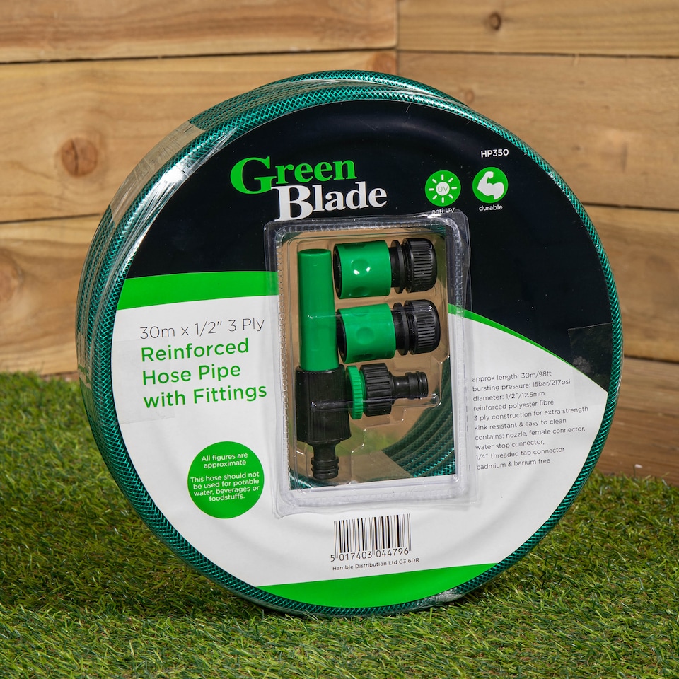 image 1 of 30m Reinforced Garden Hose Pipe / Hosepipe in Green with Fittings | Green | Green