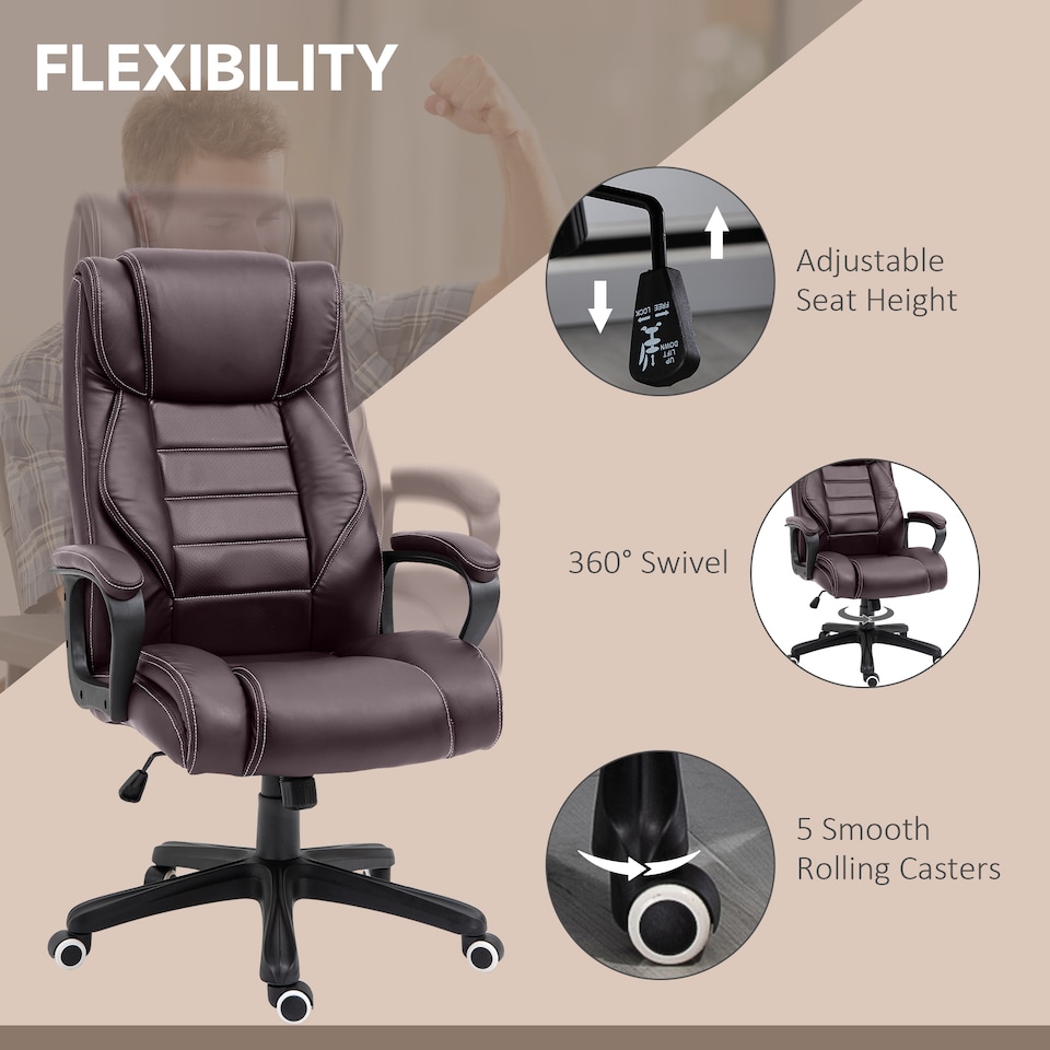 image 1 of Vinsetto Office Chair with 6-Point Maaage, PU Desk Chair with Padded Seat and Armrest, Computer Chair with Tilt Function for Home, Brown