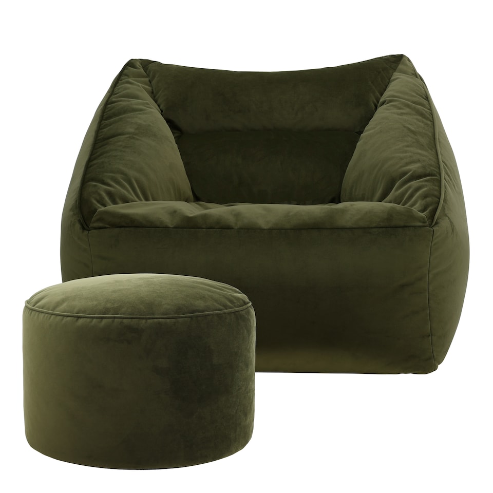 image 1 of Natalia Velvet Adults Bean Bag Armchair and Pouffe, Ready Filled Large Beanbag and Footstool Olive Green | Green | Olive Green | XL | 2