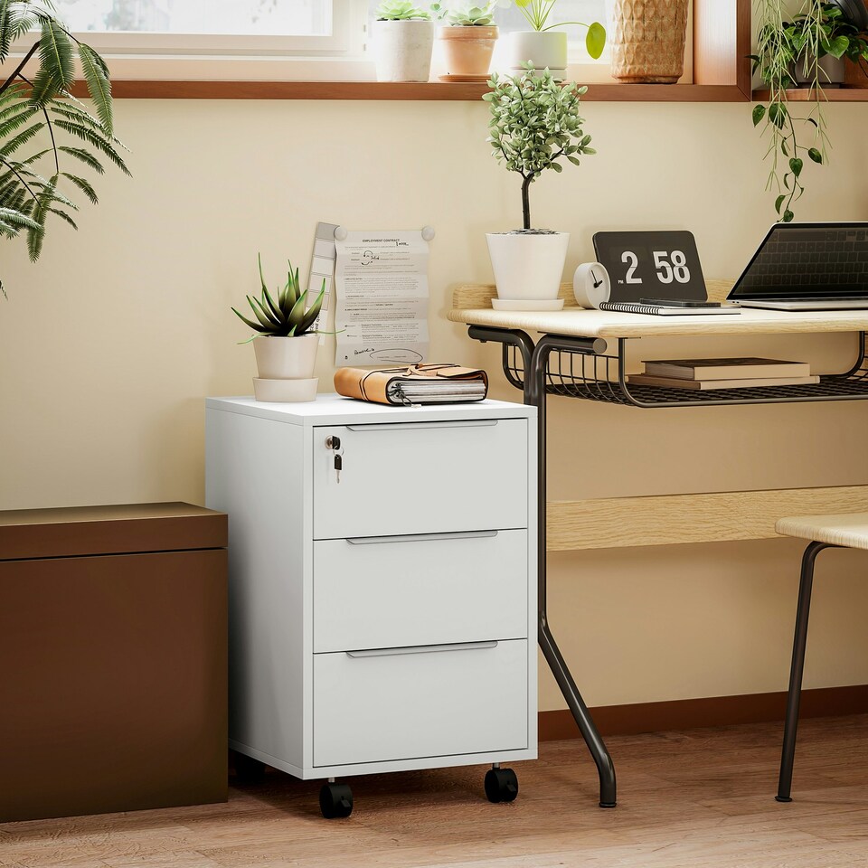 image 1 of HOMCOM Modern 3-Drawer Locking File Cabinet Mobile Filing Cabinet Grey White White
