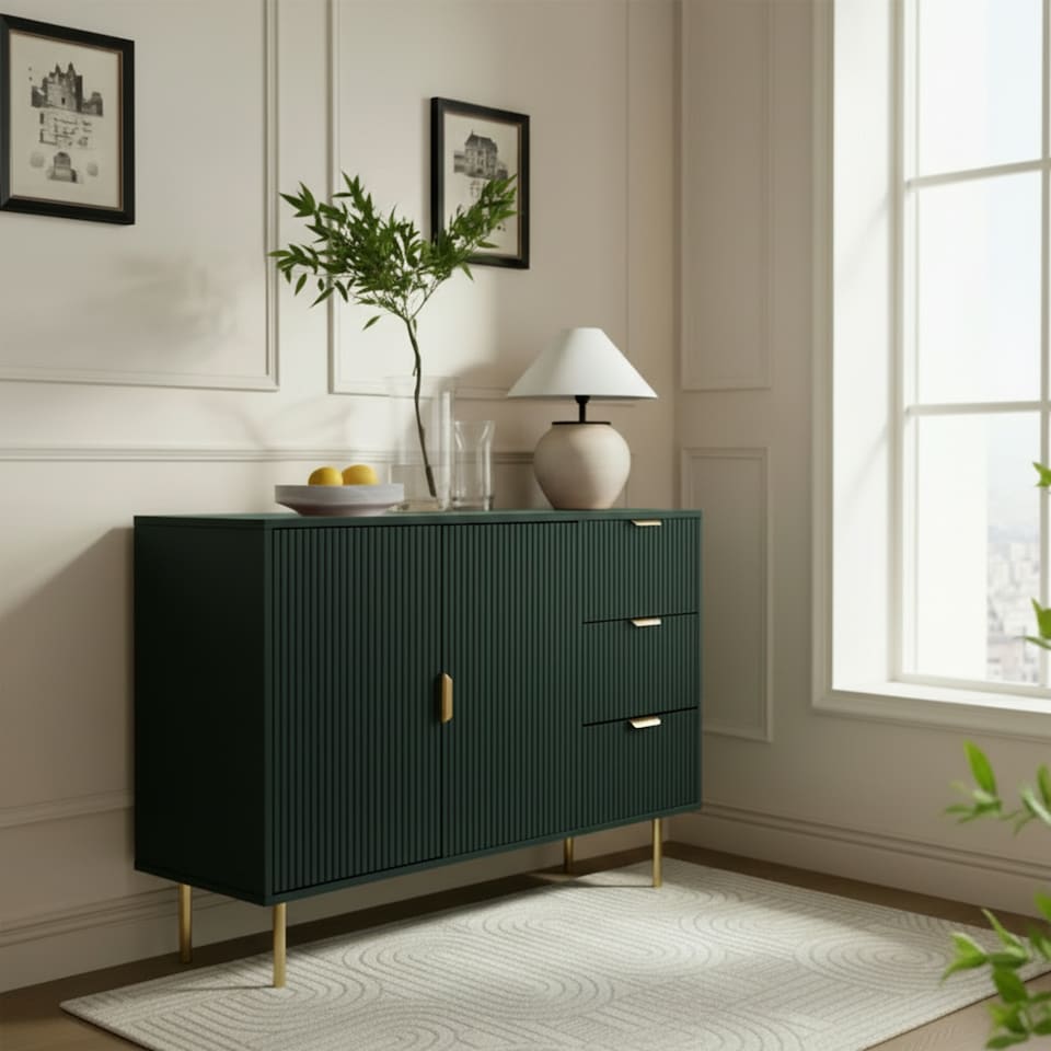 image 1 of OHS Ribbed Sideboard Table Modern Drawer Shelf Cabinet Storage
