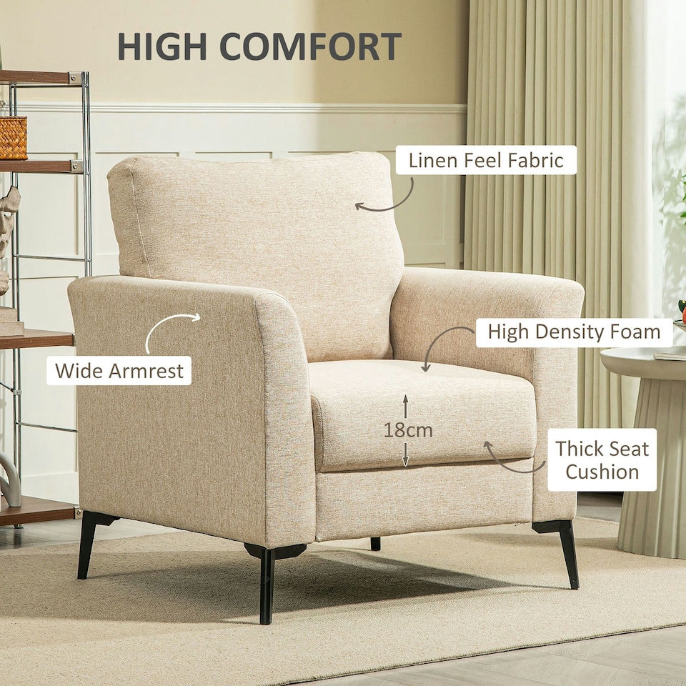 image 1 of HOMCOM Linen Fabric Modern Accent Chair with Metal Legs, Wood Frame, Beige