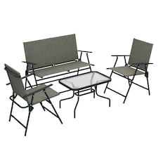 Outsunny Outdoor 4 Pieces Patio Furniture Set with Breathable Mesh Fabric Seat & Backrest, Garden Set with Two Foldable Armchairs, a Loveseat & Glass Top Table, Mixed Brown