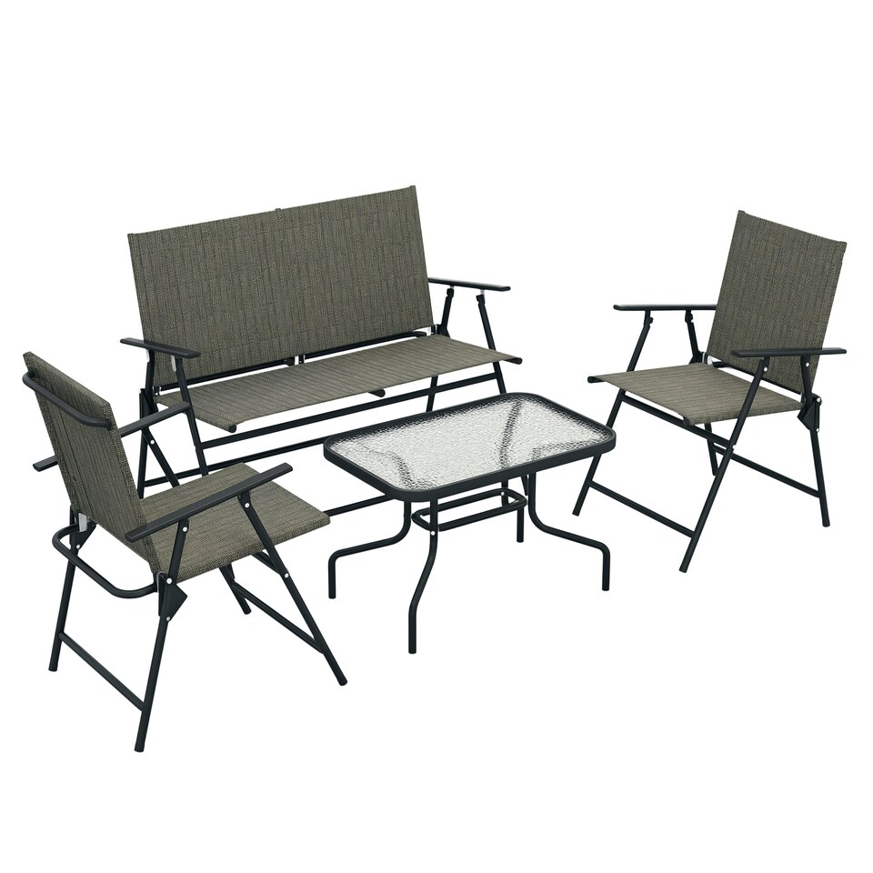 image 1 of Outsunny Outdoor 4 Pieces Patio Furniture Set with Breathable Mesh Fabric Seat & Backrest, Garden Set with Two Foldable Armchairs, a Loveseat & Glass Top Table, Mixed Brown
