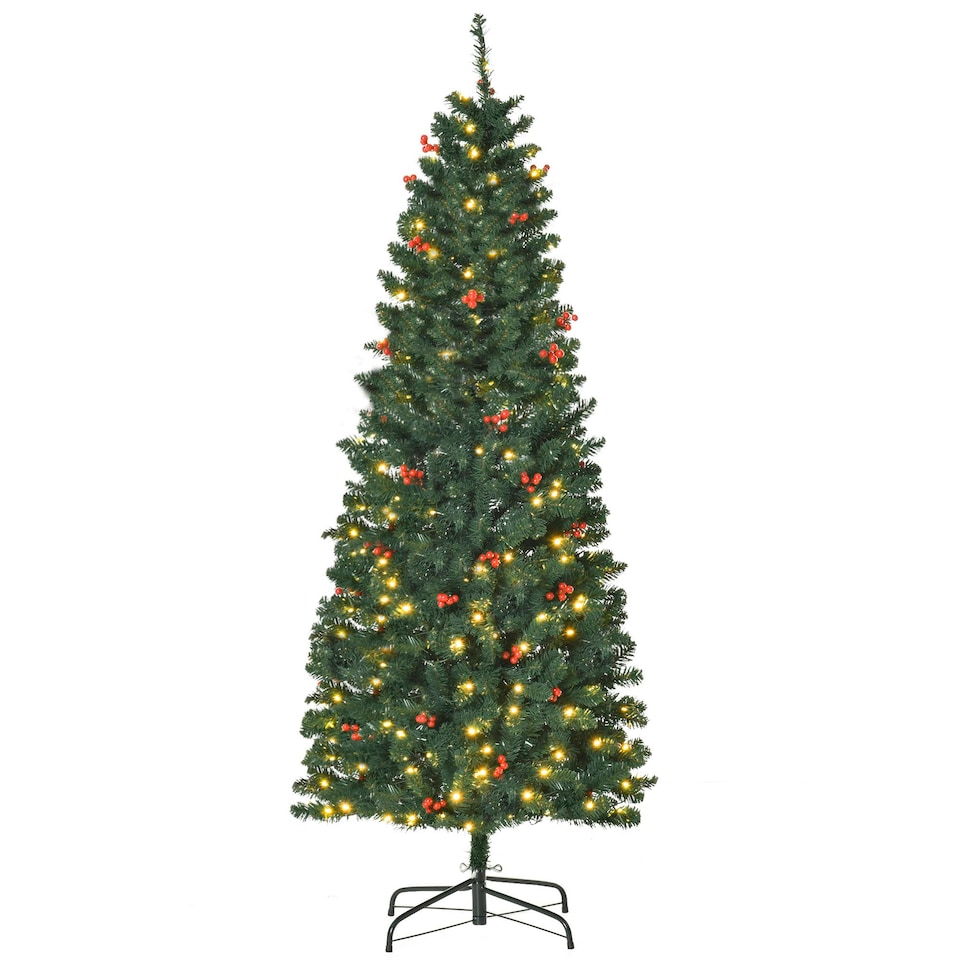 image 1 of HOMCOM 6FT Prelit Pencil Christmas Tree w/ LED Light, Berry, Xmas Decoration