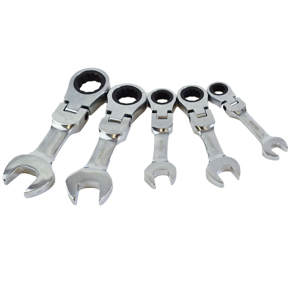 image 1 of 5pc Flexi Stubby Ratchet Spanner 10-19mm Metric Wrench Geared 72 Teeth CRV
